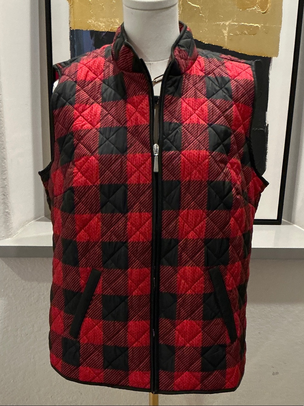 Karen Scott Red and Black Quilted Buffalo Check Puffer Vest